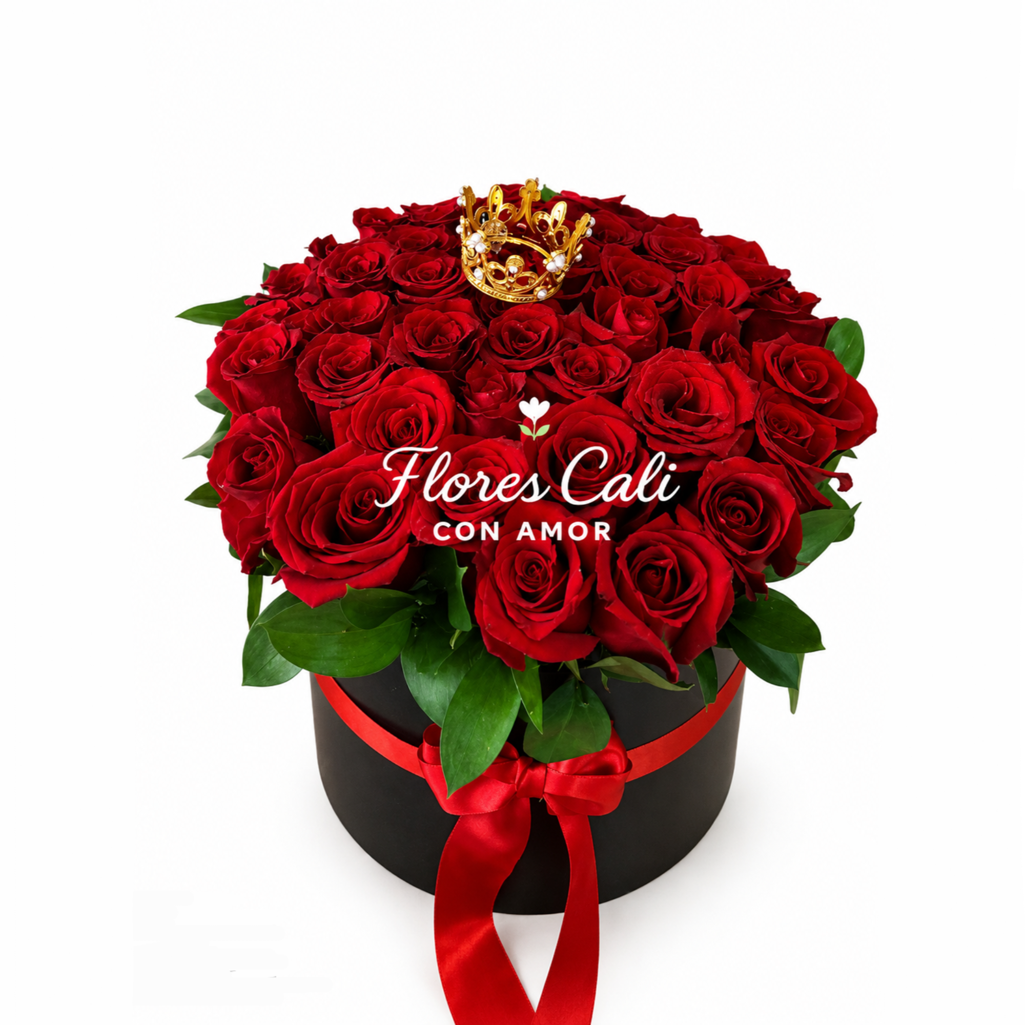 Cilindro de Rosas Rojas con Corona Dorada 29