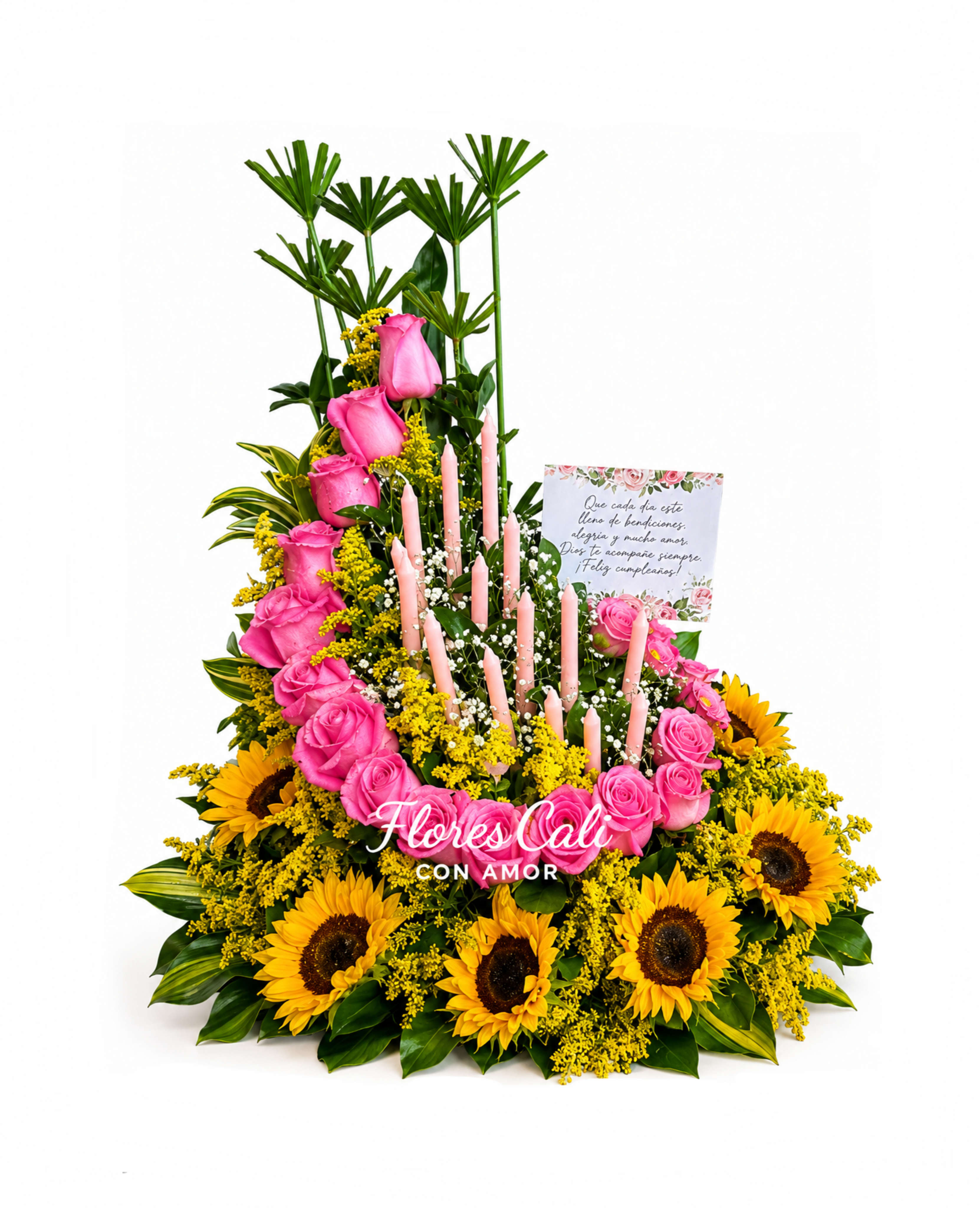 Arreglo floral con rosas rosadas, girasoles 19