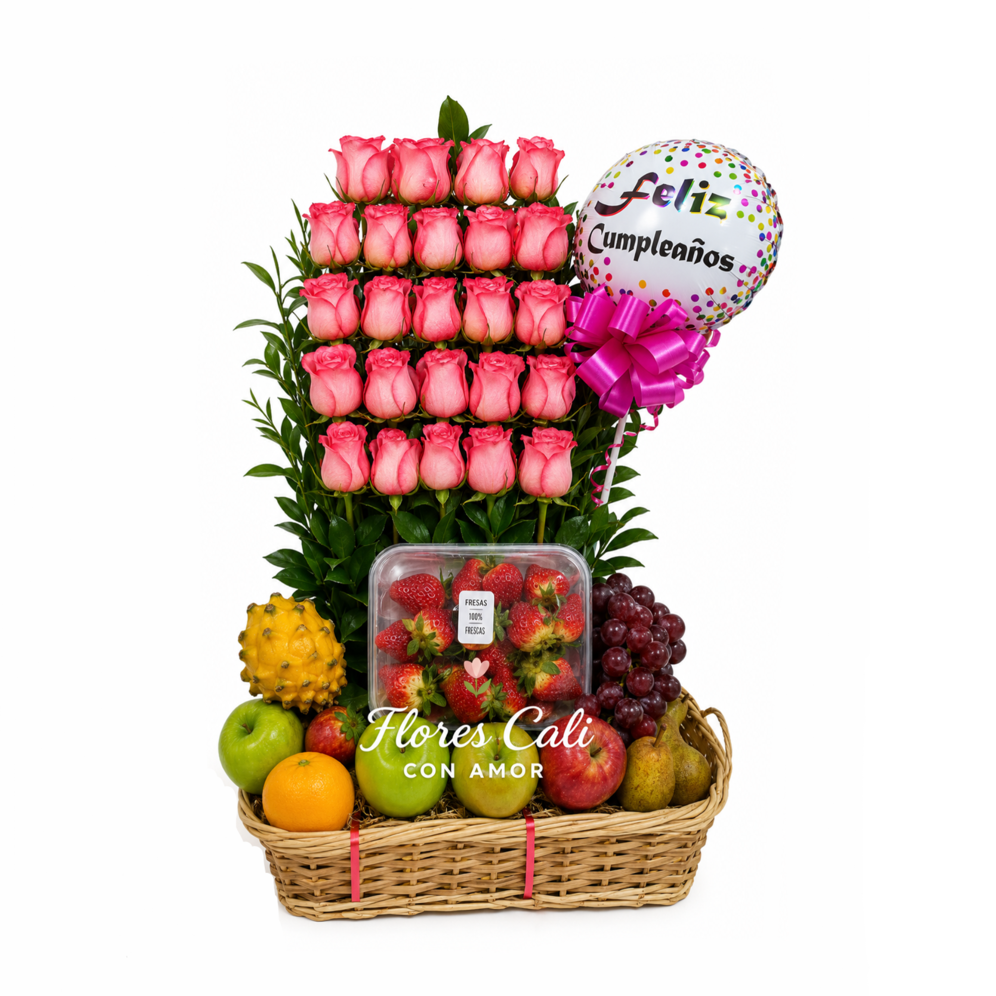 Canasta de Rosas Rosadas y Frutas 30