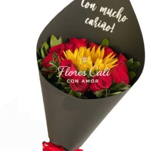 Cono de Girasoles y Rosas Rojas 06