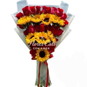 Bouquet en escala de Girasoles y Rosas Rojas 11