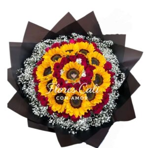 Buchón de girasoles y rosas rojas 13