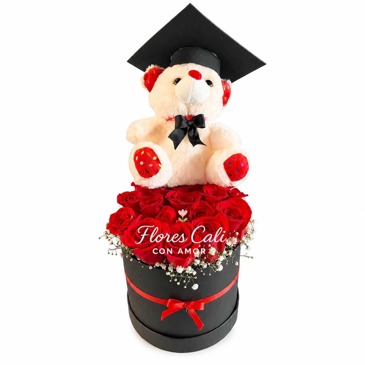 Cilindro de rosas con peluche de Grado 35