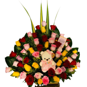 Arreglo de Rosas Multicolor con Oso de Peluche 44