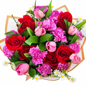 Bouquet de Rosas Rojas, Tulipanes Rosados 43