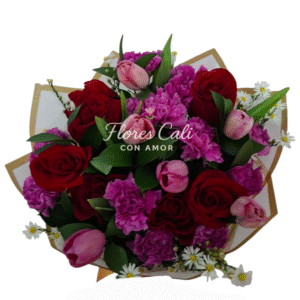 Bouquet de Rosas Rojas, Tulipanes Rosados 43