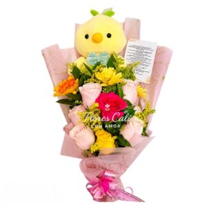 Buquet de Flores con Peluche de Pollito 36