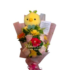 Buquet de Flores con Peluche de Pollito 36